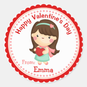 Pegatina Redonda Pegatinas de San Valentín (Chica con corazones roj