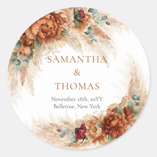 Pegatina Redonda Pegatinas de Terracotta burgundy eucalyptus y pamp (Anverso)