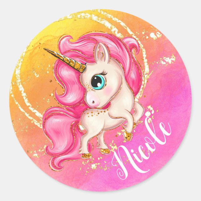 Pegatina Redonda Pegatinas de Unicornio personalizados (Anverso)