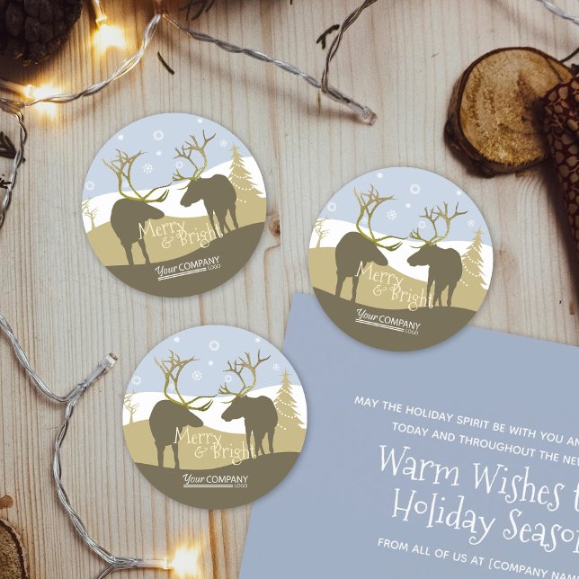 Pegatina Redonda Pegatinas de vacaciones de renos beige dorados (rustic light blue beige brown reindeer antlers logo company christmas stickers favor envelope seals)