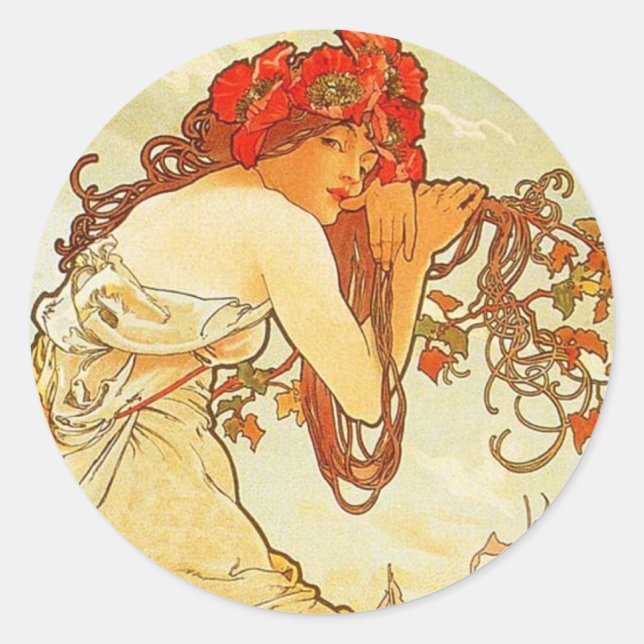 Pegatina Redonda Pegatinas de verano de Alphonse Mucha (Anverso)