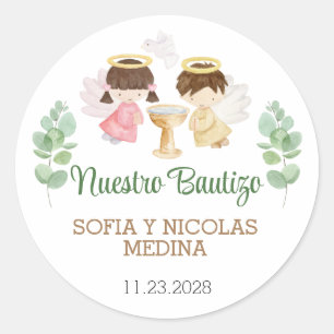 Pegatina Redonda Pegatinas del bautismo Chica Boy Bautizo Español E