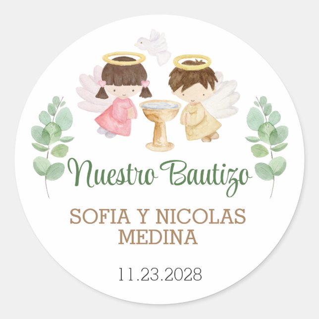 Pegatina Redonda Pegatinas del bautismo Chica Boy Bautizo Español E (Anverso)
