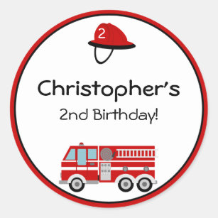 Pegatina Redonda Pegatinas del cumpleaños del coche de bomberos