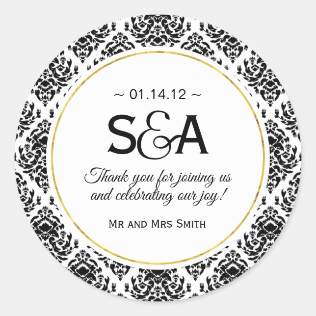 Pegatina Redonda Pegatinas del Favorito de Damasco Blanco y Negro (Anverso)