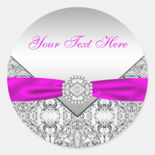 Pegatina Redonda Pegatinas del Fuchsia Silver Lace Diamond Bow