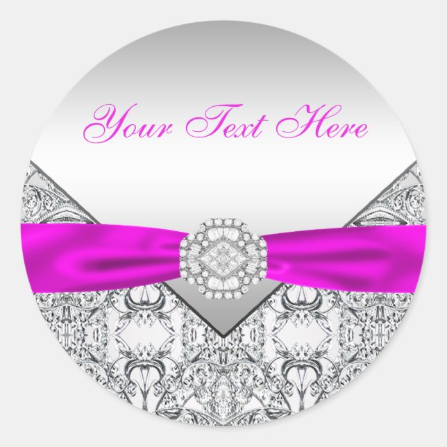 Pegatina Redonda Pegatinas del Fuchsia Silver Lace Diamond Bow (Anverso)