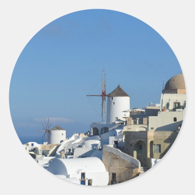 Pegatina Redonda Pegatinas del molino de viento Oia Santorini (Anverso)