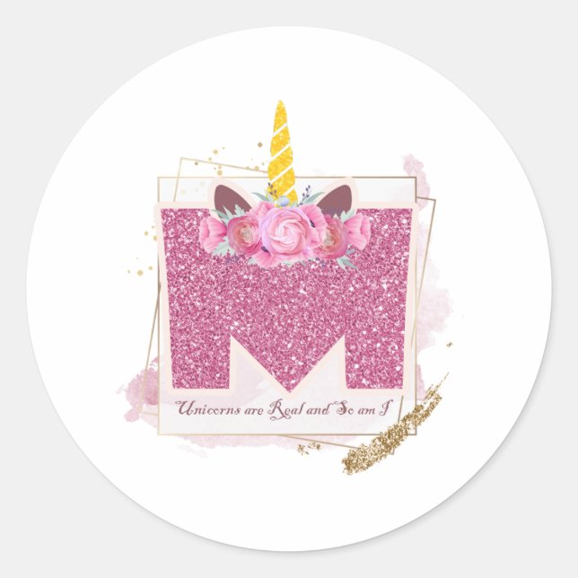 Pegatina Redonda Pegatinas del Monograma M Personalizado Unicornio (Anverso)