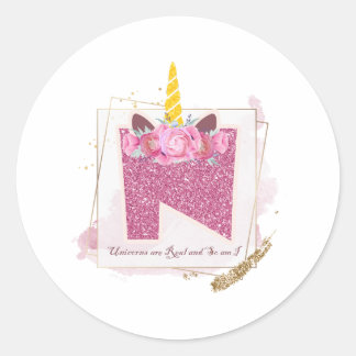 Pegatina Redonda Pegatinas del Monograma N Personalizado de Unicorn