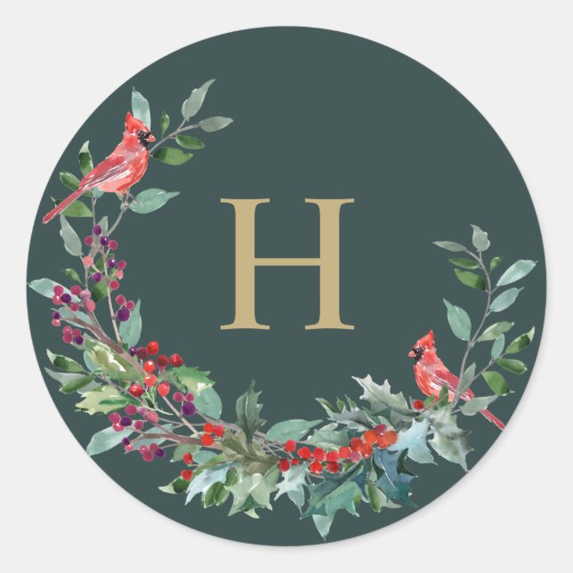 Pegatina Redonda Pegatinas del Monograma Red Robin Holiday Wreath (Anverso)