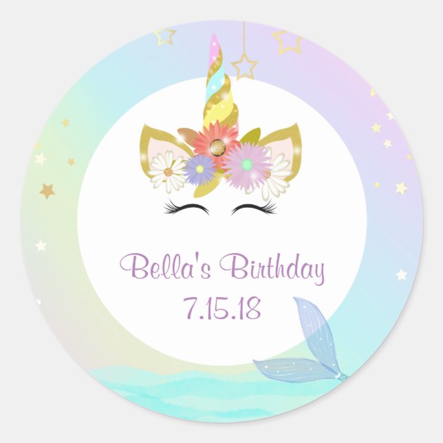 Pegatina Redonda Pegatinas del unicornio de la sirena (Anverso)