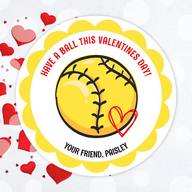 Pegatina Redonda Pegatinas Día de San Valentín Cute Softball (Cute Softball Valentines Day Stickers)