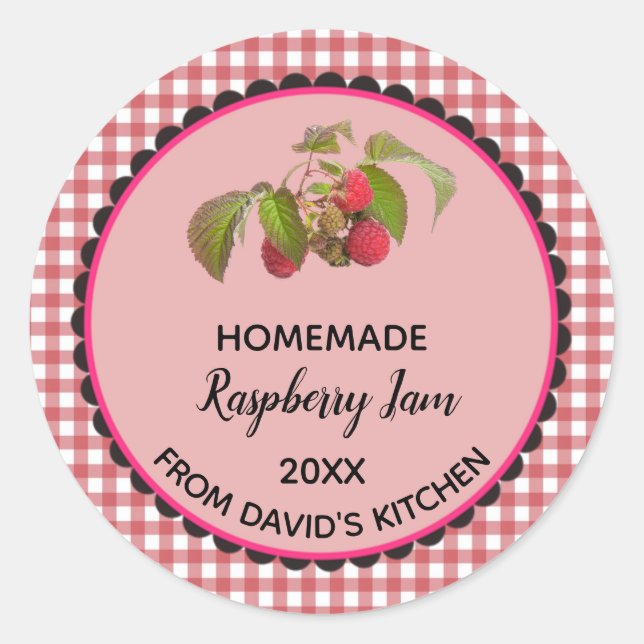 Pegatina Redonda Pegatinas Editable Red Gingham Raspberry Jam Label (Anverso)