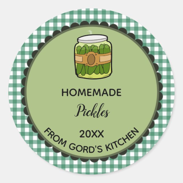 Pegatina Redonda Pegatinas Editables Green Gingham Pickles Label (Anverso)