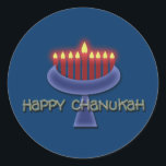 Pegatina Redonda Pegatinas felices de Chanukah<br><div class="desc">Conmemorar Chanukah con este impactante diseño gráfico de la menorah contra un fondo azul oscuro para enfatizar las velas encendidas. Este producto es personalizable, lo que le permite añadir palabras, imágenes y/o su logotipo. También puede cambiar el tamaño, la posición o incluso reemplazar la imagen de la plantilla con una...</div>