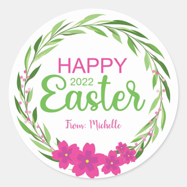 Pegatina Redonda Pegatinas felices de Pascua (verde rosado) (Anverso)