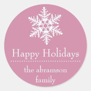 Pegatina Redonda Pegatinas Felices Fiestas de Snowflake (Rosa)