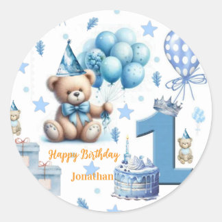Pegatina Redonda Pegatinas, Feliz 1er Cumpleaños Oso Azul