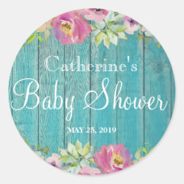 Pegatina Redonda Pegatinas Fiestas de Baby Shower de Floral Blue Wo