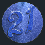 Pegatina Redonda Pegatinas Fiestas de Blue Sparkly 21st Birthday<br><div class="desc">Esta divertida tarjeta de felicitación de 21 años cuenta con un gran número 21 en un lujoso tipo de letra con una textura tipo purpurina y en el número hay chispas que hacen que parezca brillante. Estos pegatinas son geniales para hombres o mujeres porque pueden ser masculinos o femeninos dependiendo...</div>