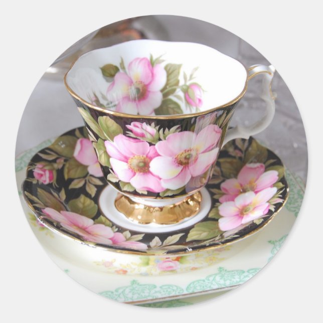 Pegatina Redonda Pegatinas Floral Rosa y Gold Teacup (Anverso)