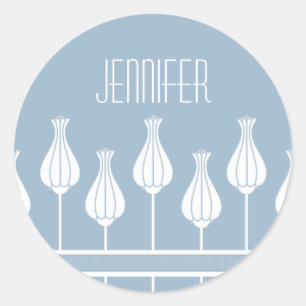 Pegatina Redonda Pegatinas florales de color azul claro Art Deco