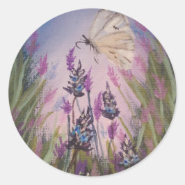 Pegatina Redonda pegatinas florales, lavanda y mariposa blanca