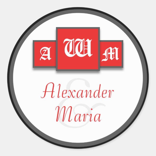 Pegatina Redonda Pegatinas/focas de boda moderna roja de tres monog (Anverso)