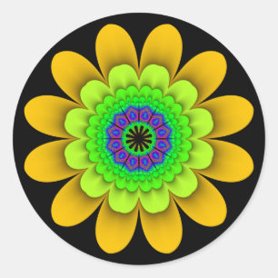 Pegatina Redonda Pegatinas Fractal Yellow Flower Power