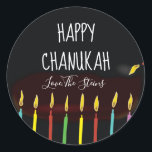 Pegatina Redonda Pegatinas "Happy Chanukah" Menorah Candles<br><div class="desc">Hanukkah/pegatinas de vacaciones, personalizar. Feliz Chanukah Menorah Candles. Elija entre 1 pegatinas de 1/2" y 3". Personalice eliminando y reemplazando el texto con su propio mensaje. Elija su tamaño de fuente, estilo y color favoritos. ¡Gracias por detenerse y por ir de compras! ¡Tu negocio es muy apreciado! ¡Feliz Hanukkah! Forma:...</div>