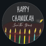 Pegatina Redonda Pegatinas "Happy Chanukah" Menorah Candles<br><div class="desc">Hanukkah/pegatinas de vacaciones, personalizar. Feliz Chanukah Menorah Candles. Elija entre 1 pegatinas de 1/2" y 3". Personalice eliminando y reemplazando el texto con su propio mensaje. Elija su tamaño de fuente, estilo y color favoritos. ¡Gracias por detenerse y por ir de compras! ¡Tu negocio es muy apreciado! ¡Feliz Hanukkah! Forma:...</div>