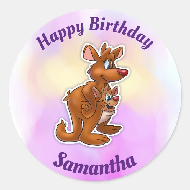 Pegatina Redonda Pegatinas Kangaroo Happy Birthday (Anverso)