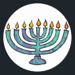 Pegatina Redonda Pegatinas Menorah<br><div class="desc">Menorá azul con velas relucientes.</div>