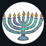 Pegatina Redonda Pegatinas Menorah<br><div class="desc">Menorá azul con velas relucientes.</div>