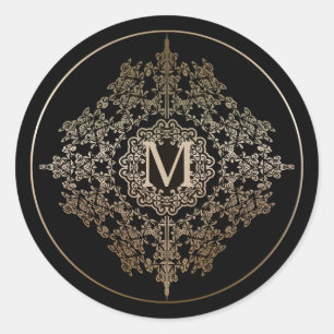Pegatina Redonda Pegatinas Monogram Gold Filigree Motif
