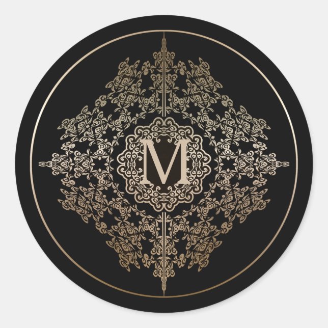 Pegatina Redonda Pegatinas Monogram Gold Filigree Motif (Anverso)