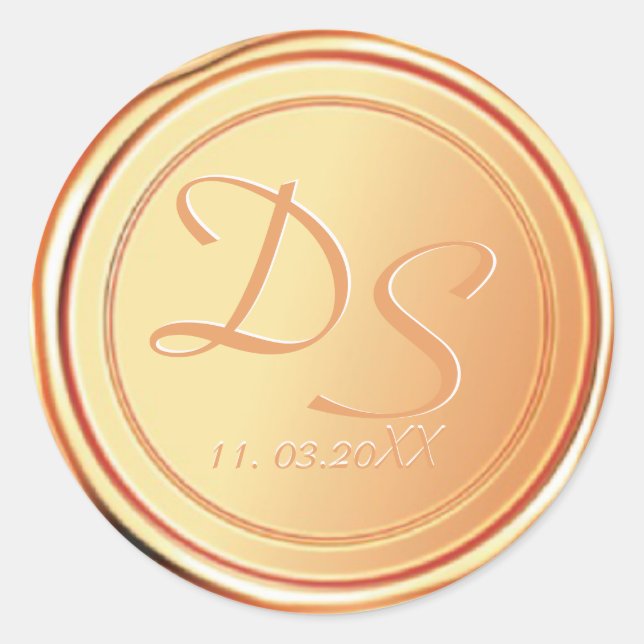 Pegatina Redonda Pegatinas Monograma de la Boda de Cera de Oro (Anverso)