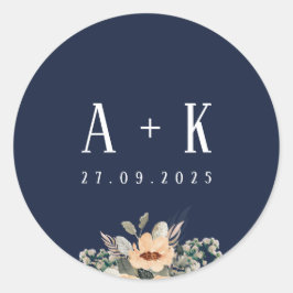 Pegatina Redonda Pegatinas, monograma elegante azul floral