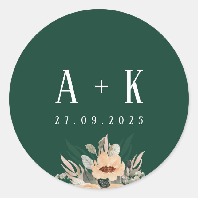 Pegatina Redonda Pegatinas, monograma elegante floral verde oscuro (Anverso)