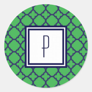Pegatina Redonda Pegatinas Monogramas del Quatrefoil Azul Verde