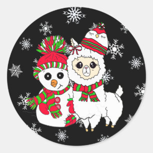 Pegatina Redonda Pegatinas navideñas Llama y Snowman