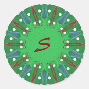 Pegatina Redonda Pegatinas navideñas monograma de árbol Kaleidoscop