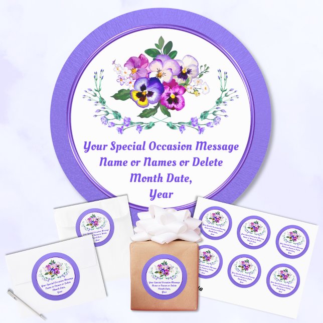 Pegatina Redonda Pegatinas Pansy por cumpleaños, aniversario, Boda (Floral themed birthday party. Personalized birthday stickers, for her. Flower 1st birthday theme.)