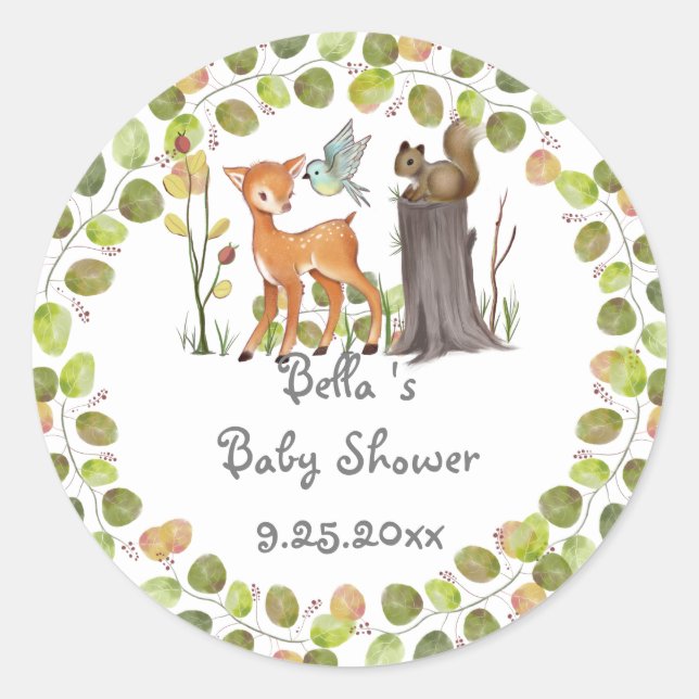 Pegatina Redonda Pegatinas para Baby Shower Animales del bosque (Anverso)