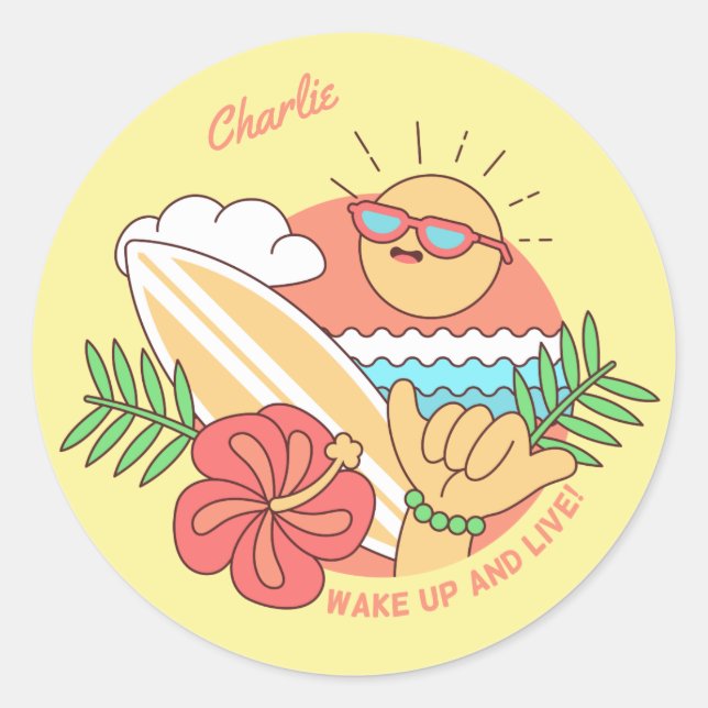 Pegatina Redonda Pegatinas para surfistas de nombre personalizado (Anverso)