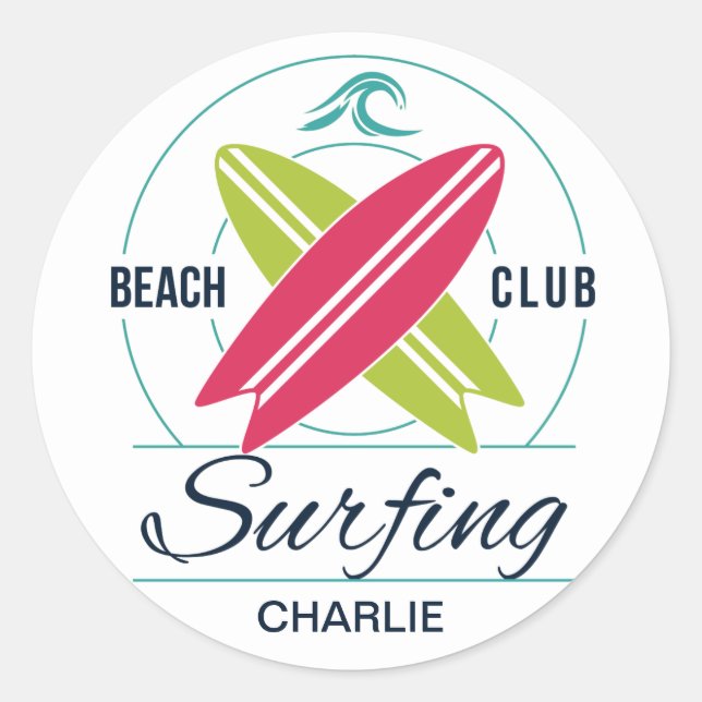 Pegatina Redonda Pegatinas para surfistas de nombre personalizado (Anverso)