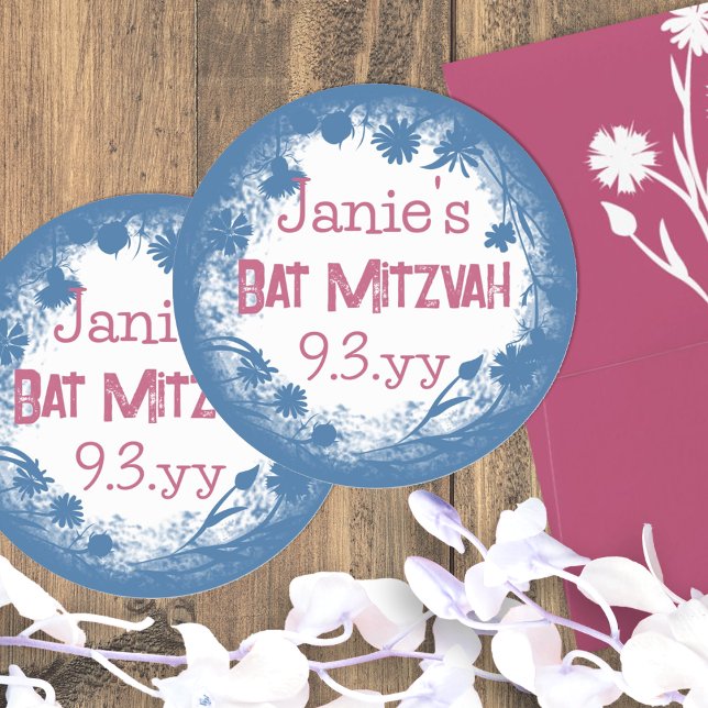 Pegatina Redonda Pegatinas personalizadas de Bat Mitzvah florales r (round blue and pink vintage bat mitzvah party favor stickers personalized labels girls birthday)