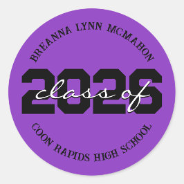 Pegatina Redonda Pegatinas personalizadas de graduación moradas y n