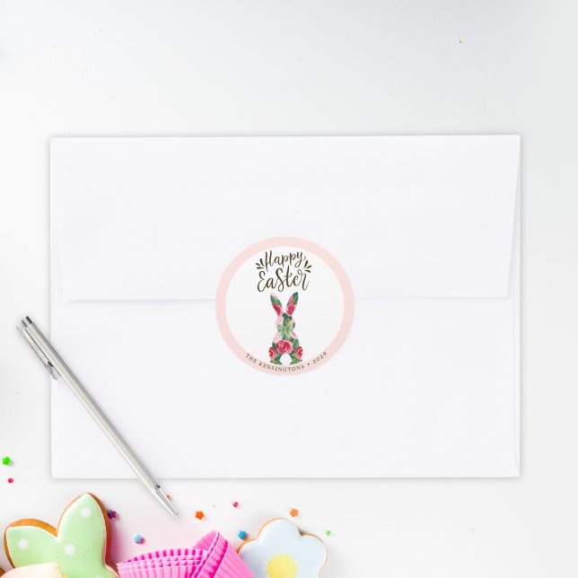 Pegatina Redonda Pegatinas personalizados de conejo floral de pascu (Floral Easter Bunny Personalized Stickers)